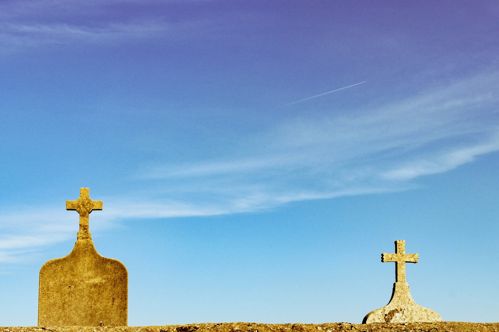 Graveyard with blue sky