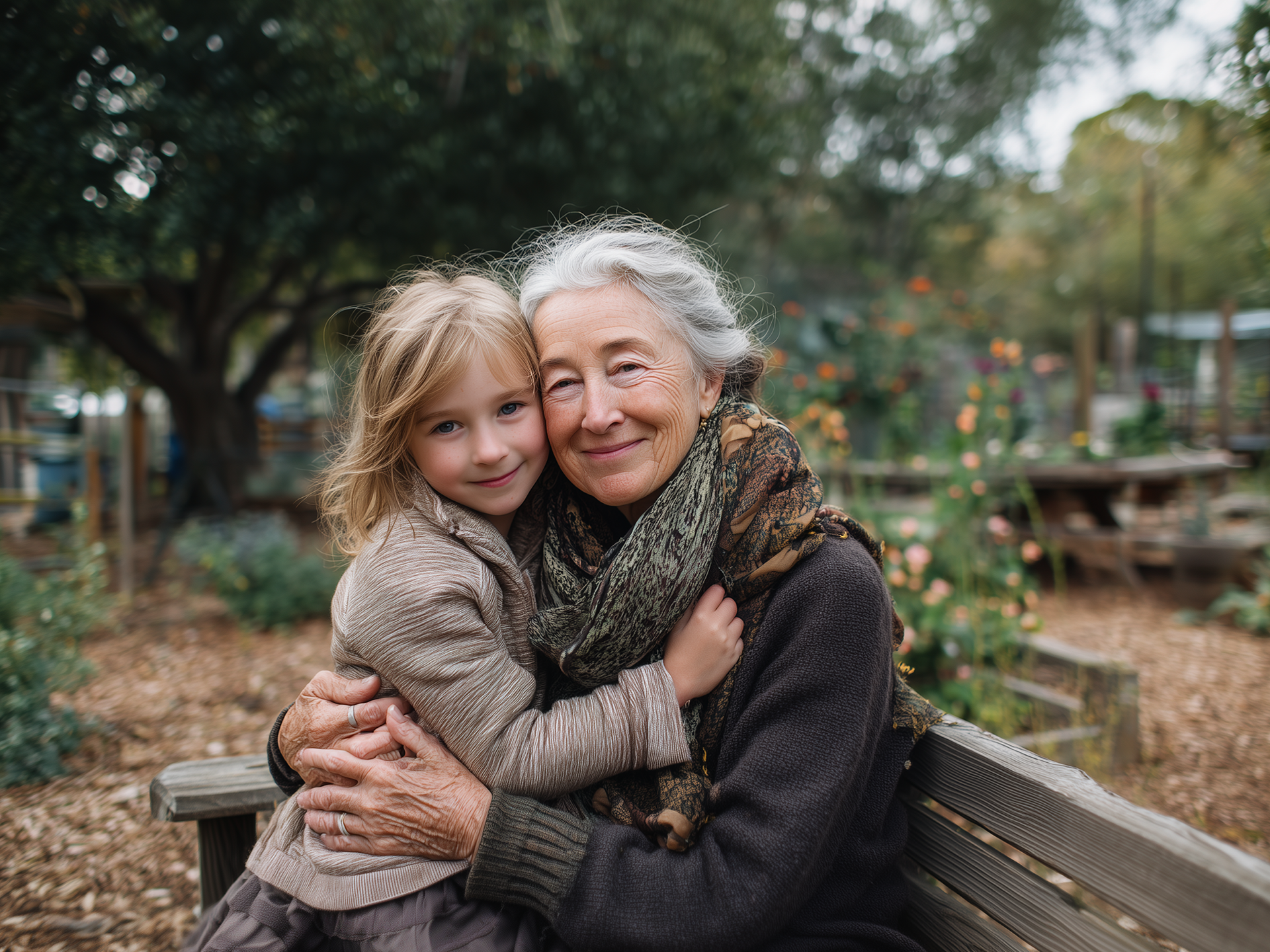 Grandmother and grandaughter sitting in park hugging smiling to camera