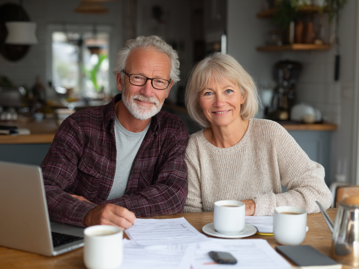 Home page 10 Middle aged couple sitting at table planning with laptop and papers