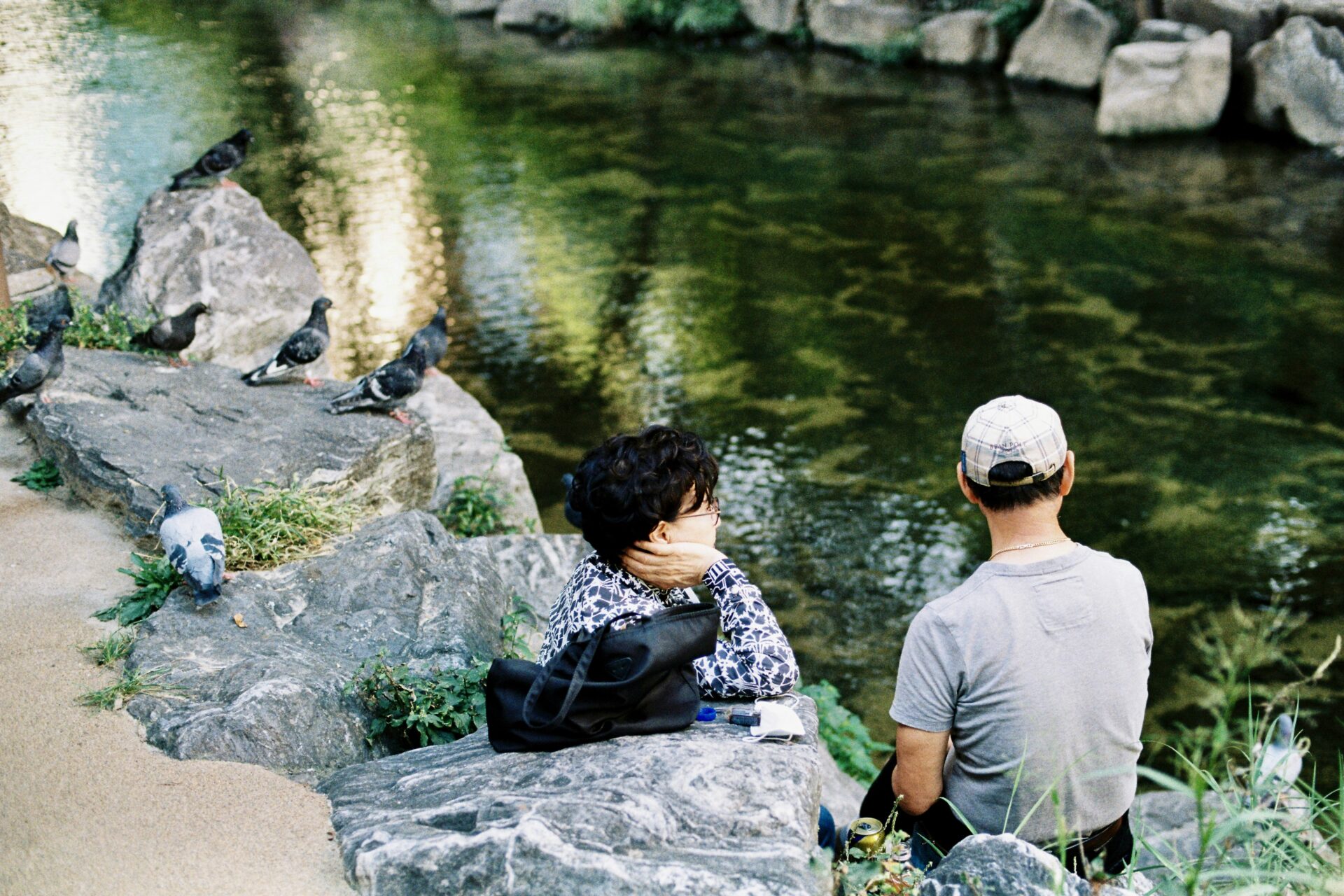 People in a park with pigeons